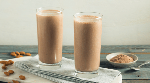 coffee protein shake with almonds and chocolate protein featured