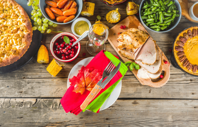 holiday dinner table with plate waiting to be filled